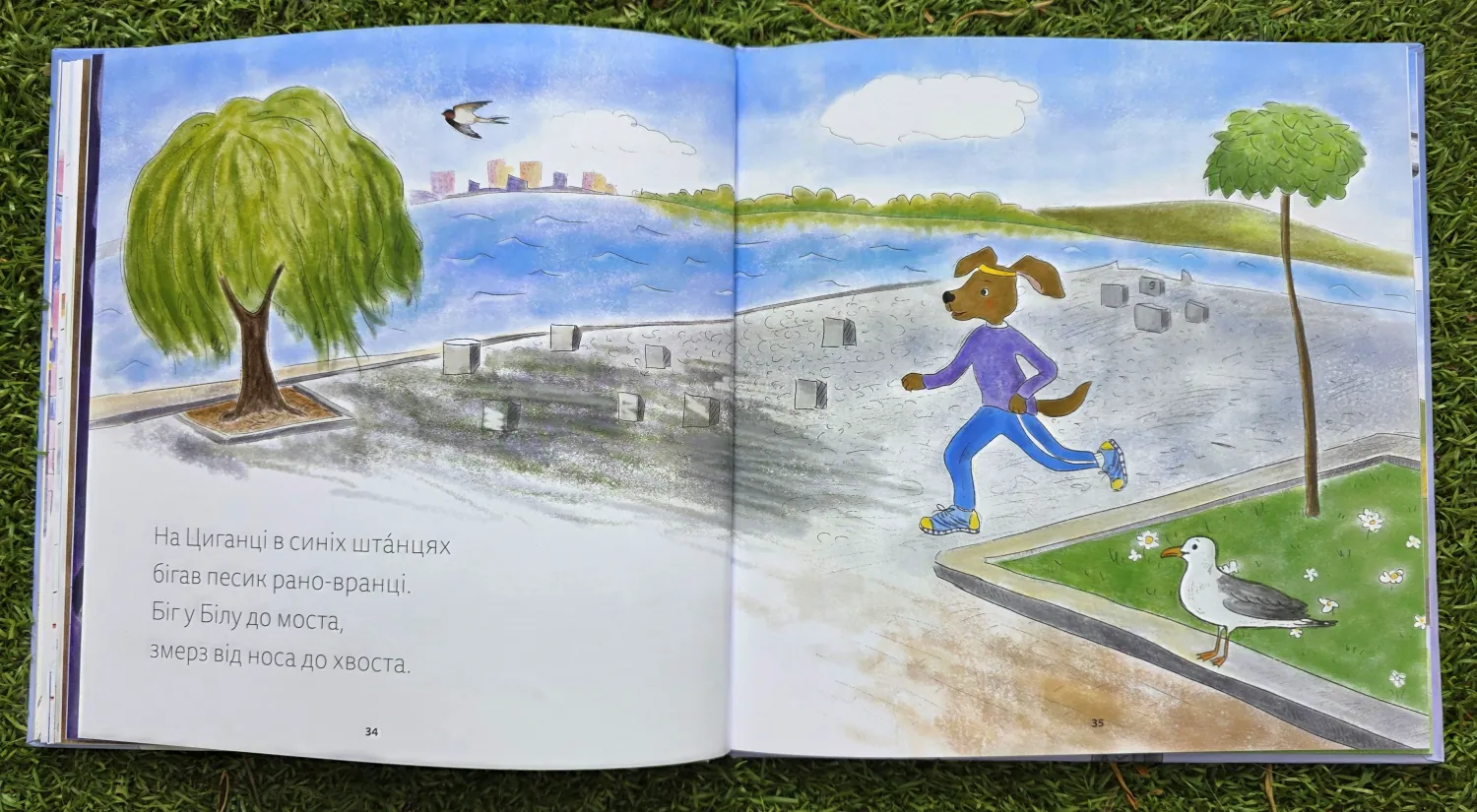 Розворот книжки: песик на роликах біля озера